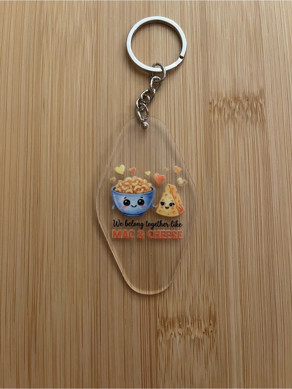 Mac & Cheese Keychain - Clear Acrylic with Blue and Orange Design